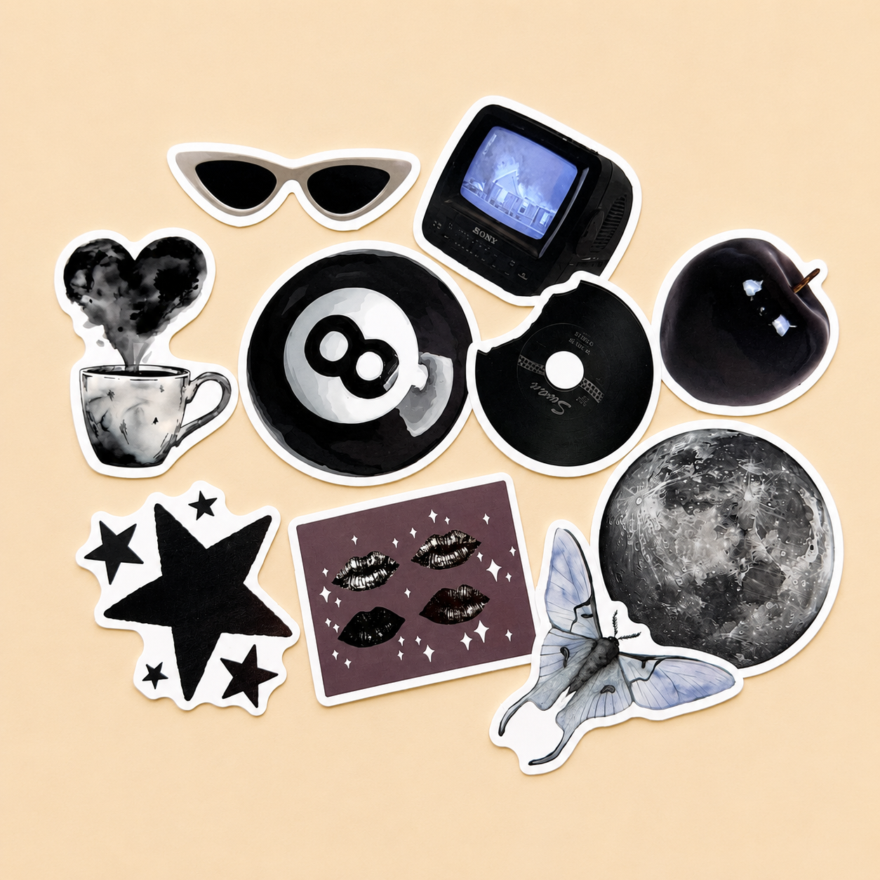 Black assorted stickers (10)