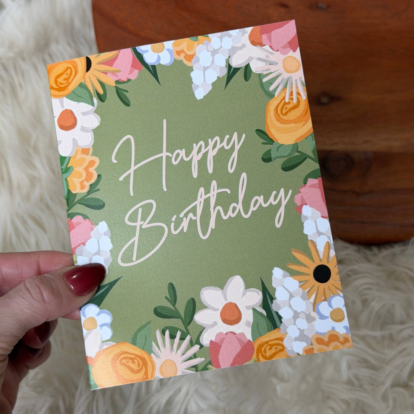 Happy Birthday Cursive Text Floral Frame Birthday Card